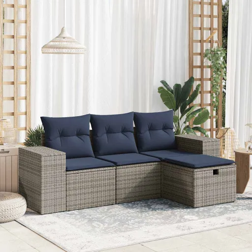 Conjunto Sofás de Jardim c/ Almofadões Vime PE Cinzento (4 pcs)