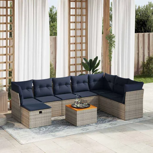 Conjunto Sofás p/ Jardim com Almofadões Vime PE Cinzento (9 pcs)