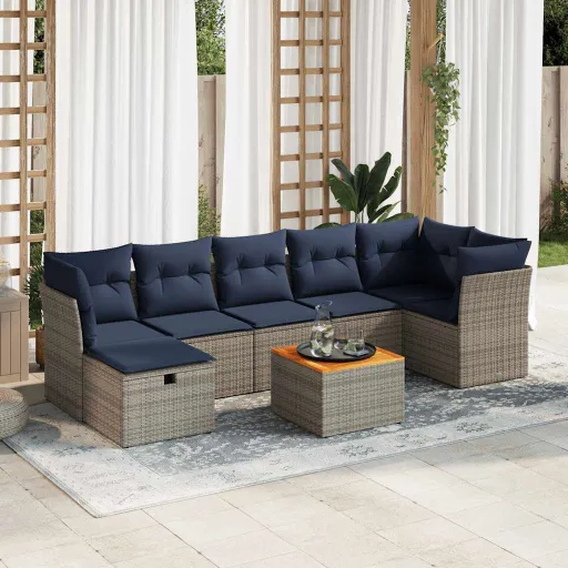 Conjunto Sofás de Jardim c/ Almofadões Vime PE Cinzento (8 pcs)