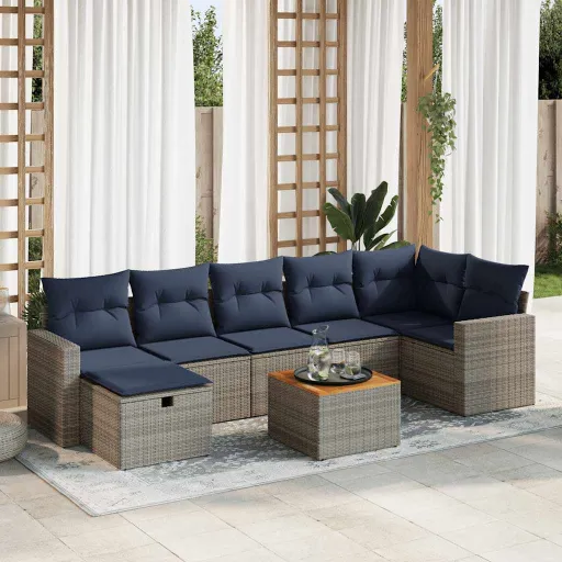 Conjunto Sofás de Jardim c/ Almofadões Vime PE Cinzento (8 pcs)