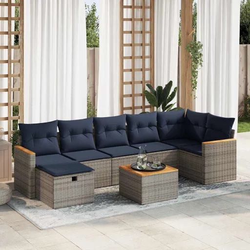 Conjunto Sofás de Jardim c/ Almofadões Vime PE Cinzento (8 pcs)