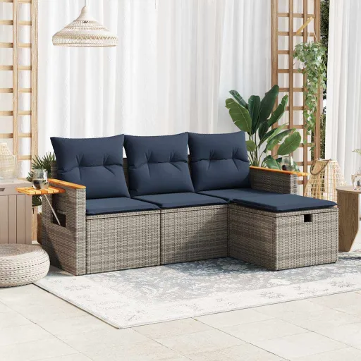 Conjunto Sofás de Jardim c/ Almofadões Vime PE Cinzento (4 pcs)