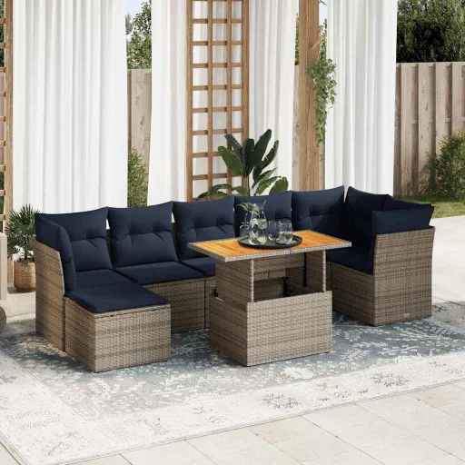Conjunto Sofás de Jardim c/ Almofadões Vime PE Cinzento (8 pcs)