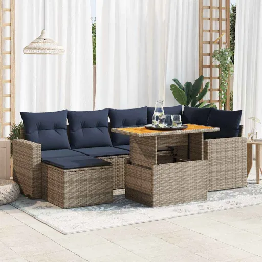 Conjunto Sofás p/ Jardim c/ Almofadões Vime PE Cinzento (7 pcs)