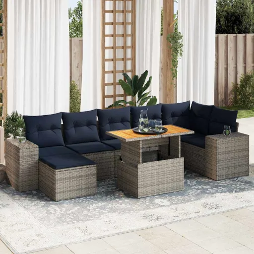 Conjunto Sofás de Jardim c/ Almofadões Vime PE Cinzento (8 pcs)