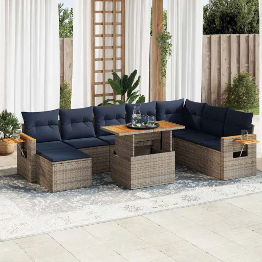 Conjunto Sofás Jardim Almofadões Vime PE/Acácia Cinzento (10 pcs)