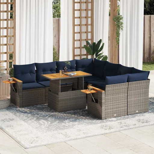 Conjunto Sofás p/ Jardim com Almofadões Vime PE Cinzento (9 pcs)
