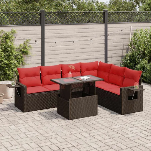 Conjunto Sofás Jardim Almofadões Vime PE/Acácia Castanho (7 pcs)