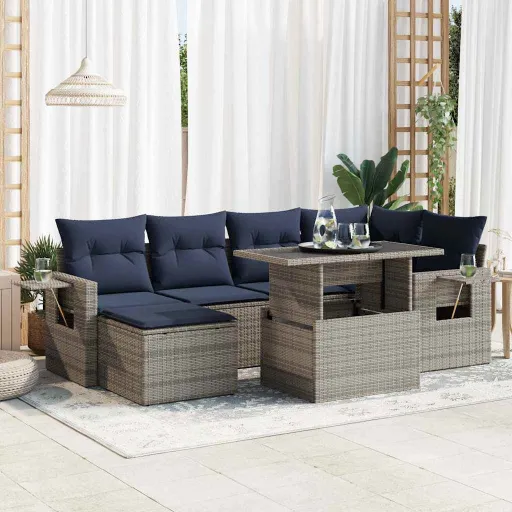 Conjunto Sofás Jardim Almofadões Vime PE/Acácia Cinzento (7 pcs)