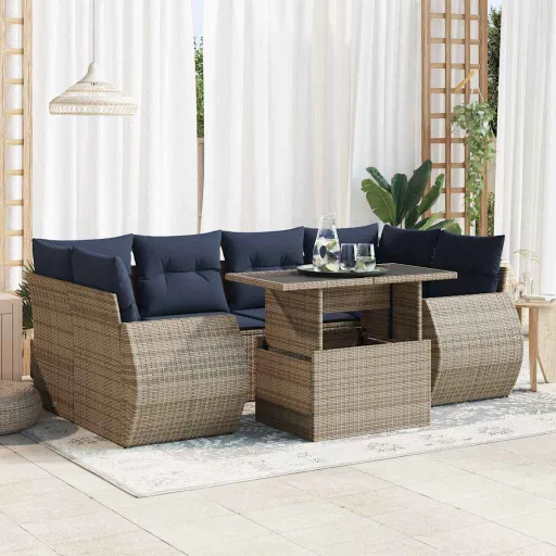 Conjunto Sofás Jardim Almofadões Vime PE/Acácia Cinzento (7 pcs)