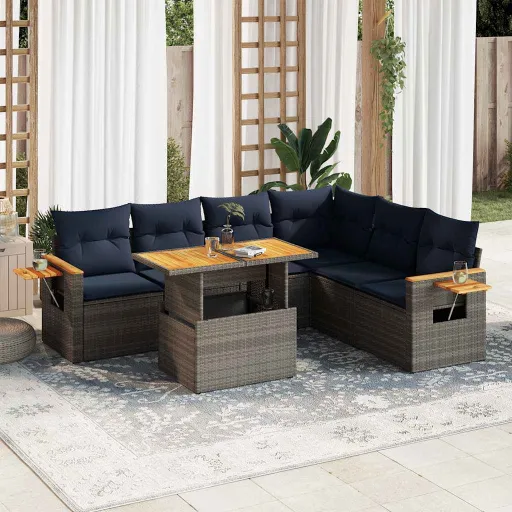 Conjunto Sofás Jardim Almofadões Vime PE/Acácia Cinzento (7 pcs)
