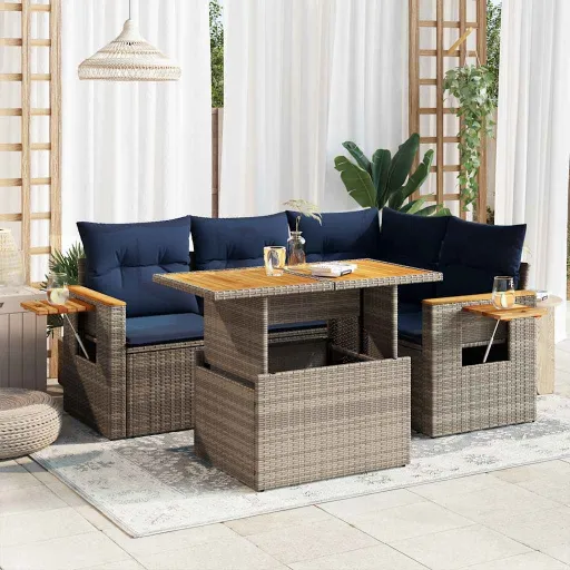 Conjunto Sofás de Jardim c/ Almofadões Acácia e Vime PE (5 pcs)