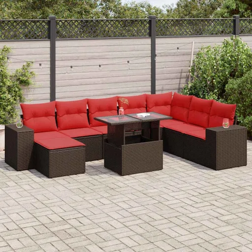 Conj. Sofás Jardim c/ Almofadões Vime PE/Acácia Castanho (9 pcs)
