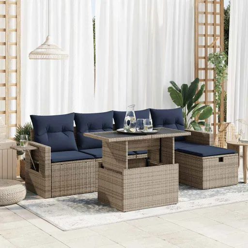 Conj. Sofás Jardim c/ Almofadões Vime PE/Acácia Cinzento (6 pcs)