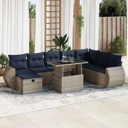 Conj. Sofás Jardim c/ Almofadões Vime PE/Acácia Castanho (9 pcs)