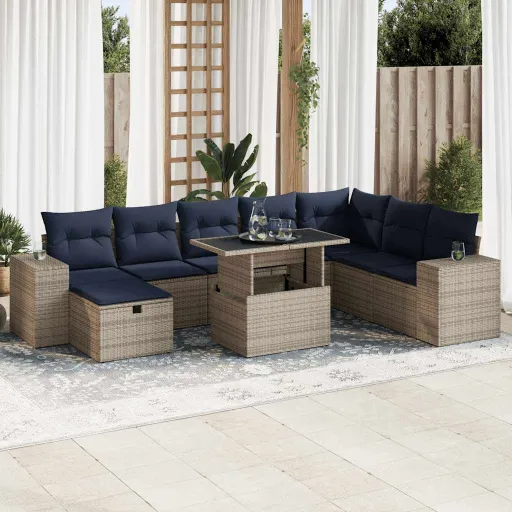 Conj. Sofás Jardim c/ Almofadões Vime PE/Acácia Castanho (9 pcs)