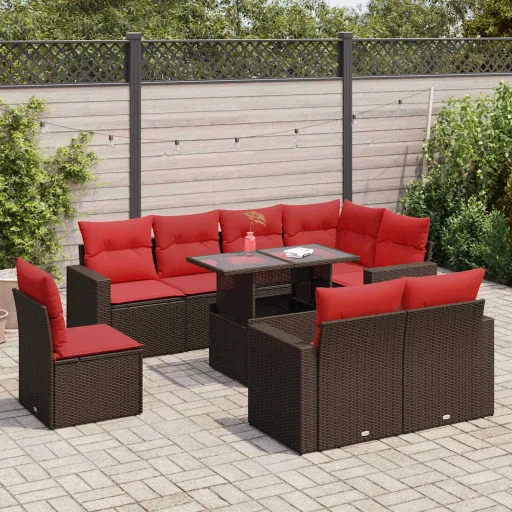 Conj. Sofás Jardim c/ Almofadões Vime PE/Acácia Castanho (9 pcs)