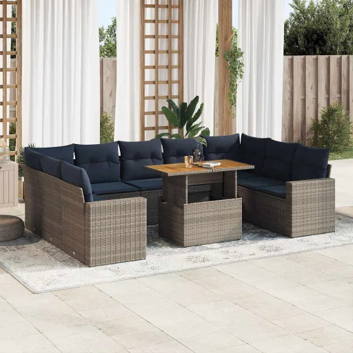 Conjunto Sofás de Jardim c/ Almofadões Vime PE Cinzento (10 pcs)