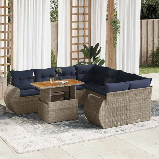 Conjunto Sofás p/ Jardim com Almofadões Vime PE Cinzento (9 pcs)