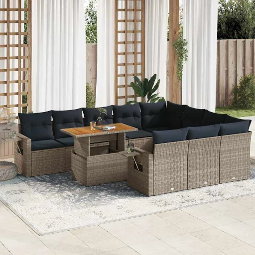 Conjunto Sofás de Jardim c/ Almofadões Vime PE Cinzento (11 pcs)