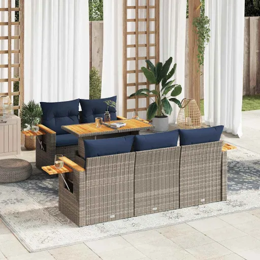 Conjunto Sofás de Jardim com Almofadões Vime Cinzento (6 pcs)