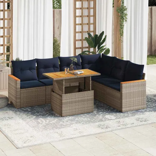 Conjunto Sofás p/ Jardim c/ Almofadões Vime PE Cinzento (7 pcs)