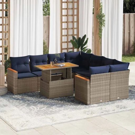 Conjunto Sofás p/ Jardim com Almofadões Vime PE Cinzento (9 pcs)