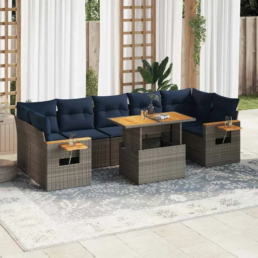 Conjunto Sofás de Jardim c/ Almofadões Vime PE Cinzento (8 pcs)