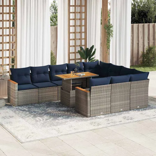 Conjunto Sofás de Jardim c/ Almofadões Vime PE Cinzento (11 pcs)