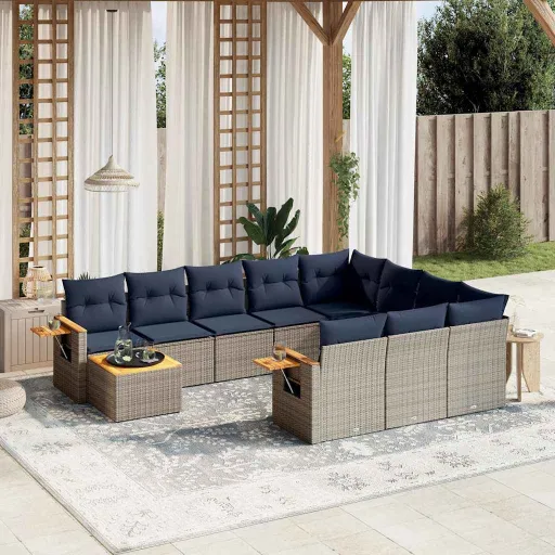 Conjunto Sofás de Jardim c/ Almofadões Vime PE Cinzento (11 pcs)