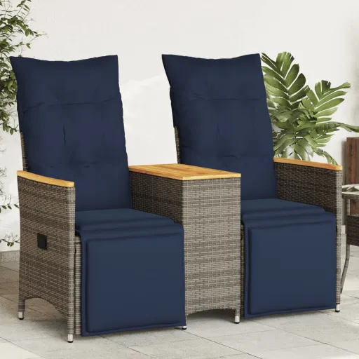 Sofá de Jardim Reclinável de 2 Lugares com Mesa em Vime Sintético Cinza