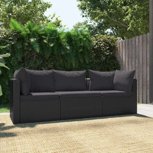 Conjunto Sofás de Jardim c/ Almofadões Vime PE Preto (3 pcs)