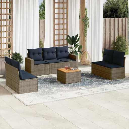 Conjunto Sofás p/ Jardim c/ Almofadões Vime PE Cinzento (8 pcs)