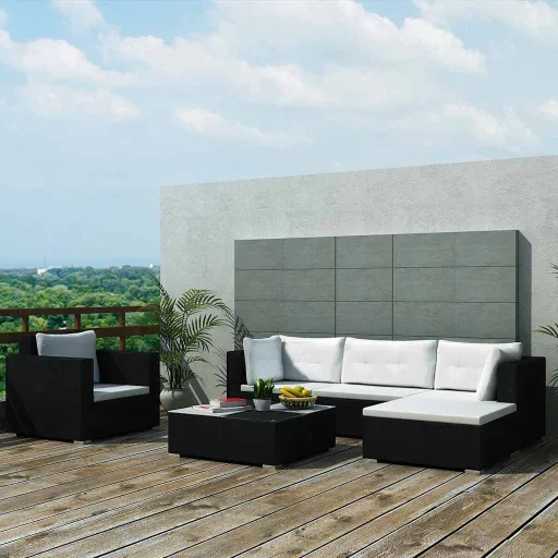 Conjunto Lounge de Jardim com Almofadões Vime PE Preto (6 pcs)