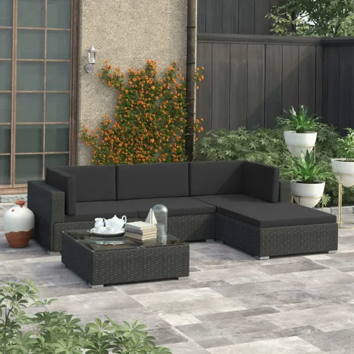 Conjunto Lounge de Jardim c/ Almofadões Vime PE Preto (5 pcs)