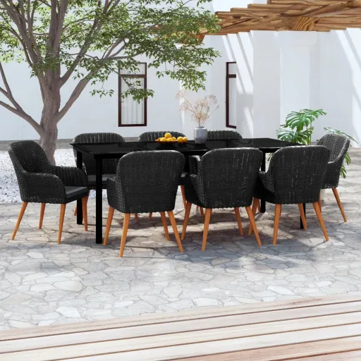 Conjunto de Jantar para Jardim com Almofadões Preto (9 pcs)