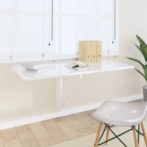 Mesa de Parede Dobrável Derivados de Madeira Branco Brilhante