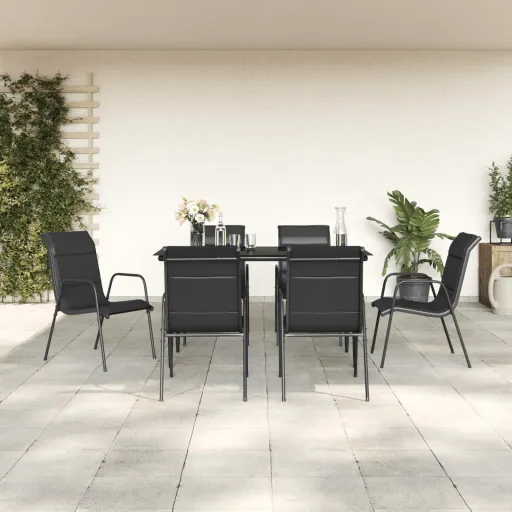 Conjunto de Jantar para Jardim Aço e Textilene Preto (7 pcs)