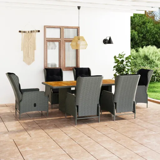 Conj. Jantar Exterior + Almofadões Vime PE Cinzento-Claro (7 pcs)