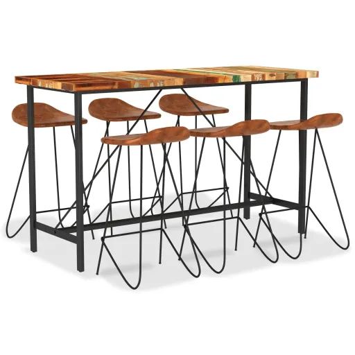 Conjunto de Bar Madeira Recuperada Maciça e Couro Genuíno (7 pcs)