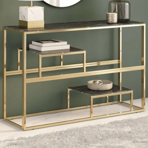 Mesa Consola Aço Inoxidável e Vidro Temperado Dourado