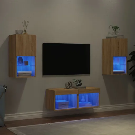 Móveis de Parede para TV com Luzes LED Carvalho Sonoma (4 pcs)