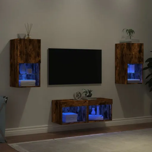 Móveis de Parede para TV com Luzes LED Carvalho Fumado (4 pcs)
