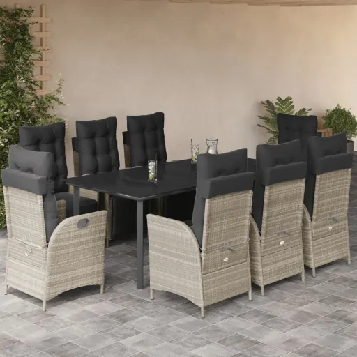 Conjunto de Jantar p/ Jardim c/ Almofadões Cinzento Claro (9 pcs)