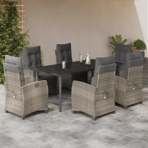 Conj. Jantar p/ Jardim c/ Almofadões Vime PE Cinza-Claro (7 pcs)