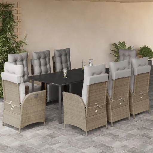 Conj. Jantar Jardim c/ Almofadões Vime PE Bege Misturado (9 pcs)