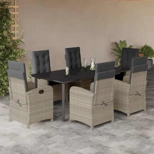 Conj. Jantar p/ Jardim c/ Almofadões Vime PE Cinza-Claro (7 pcs)