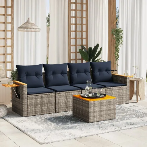 Conjunto Sofás p/ Jardim c/ Almofadões Vime PE Cinzento (5 pcs)