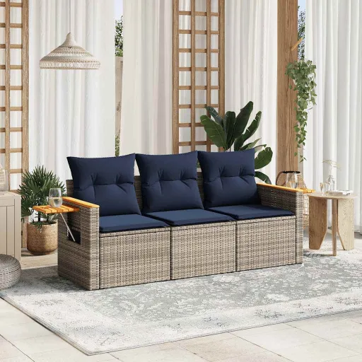 Conjunto Sofás de Jardim c/ Almofadões Vime PE Cinzento (3 pcs)