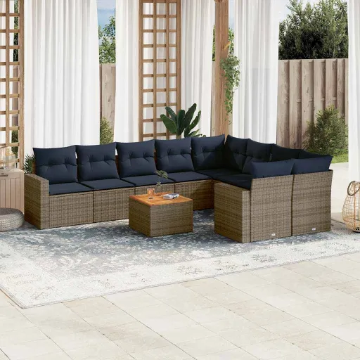 Conjunto Sofás p/ Jardim c/ Almofadões Vime PE Cinzento (10 pcs)